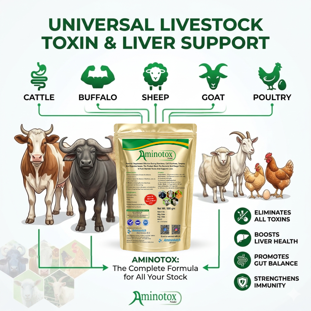Aminotox Powder | Powerful Toxin Binder & Liver Booster for Cattle (Cow), Buffalo, Goat, Sheep & Poultry | Eliminates Feed Toxins, Supports Digestion & Liver Function