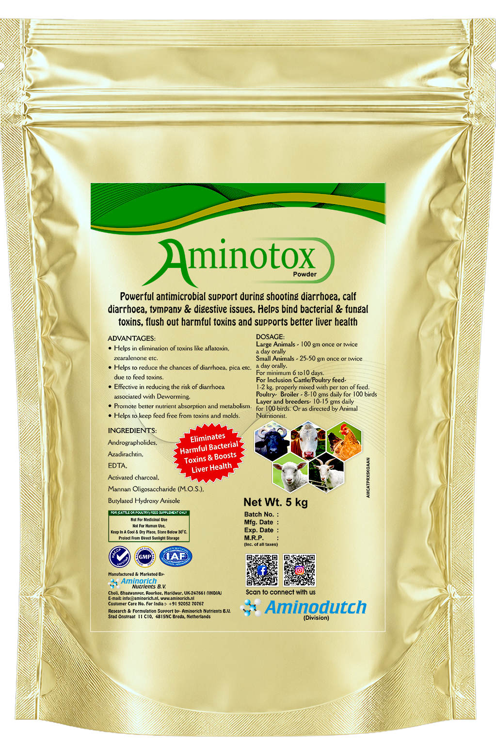 Aminotox Powder 5 Kg for Cattle, Buffalo, Goat, Sheep & Poultry ,Toxin Binder, Mycotoxin & Aflatoxin Support