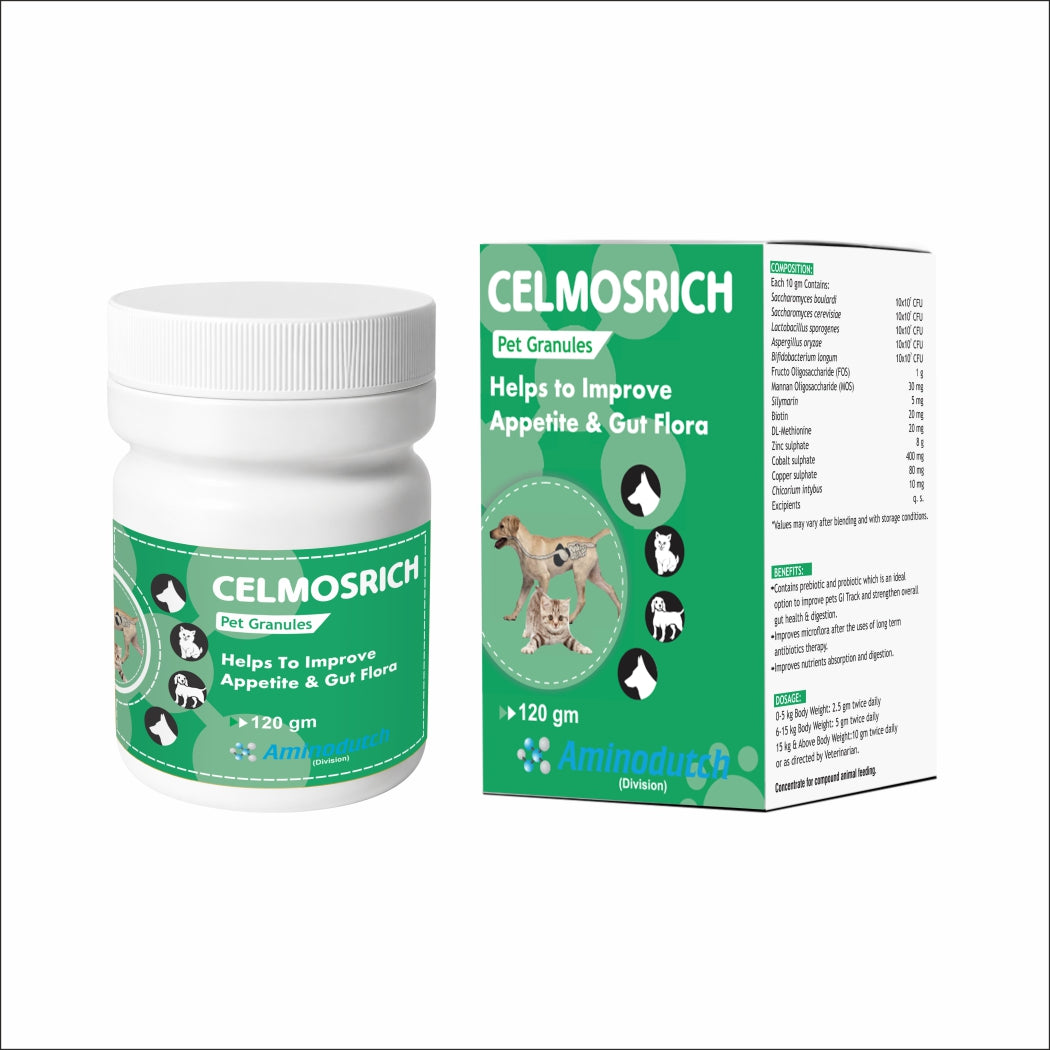 CELMOSRICH – A Proven Prebiotic & Probiotic Solution | 120 gm Granules | Supports Gut Health, Digestion & Nutrient Absorption in Animals