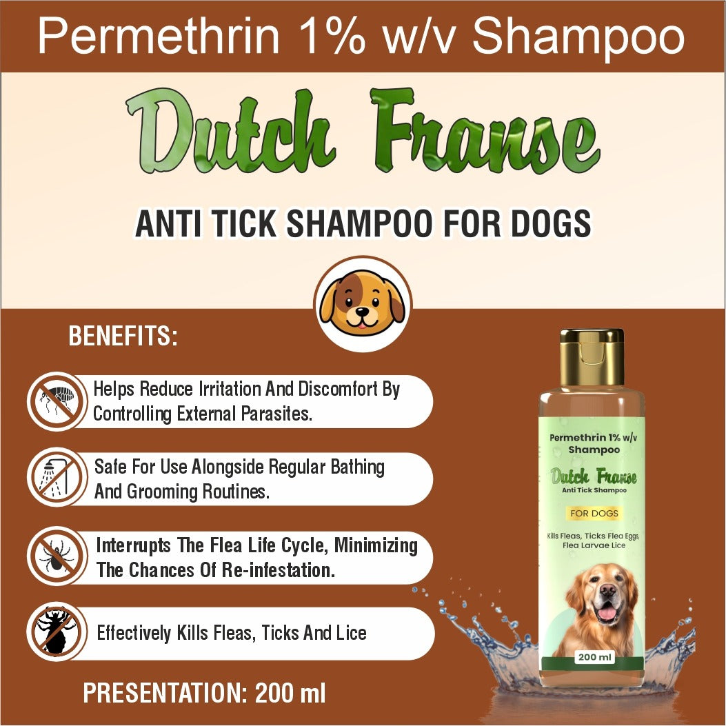 Dutch Franse Permethrin 1% w/v Anti Tick Shampoo for Dogs | Flea, Tick & Lice Control | Gentle Cleansing Formula | 200 ml