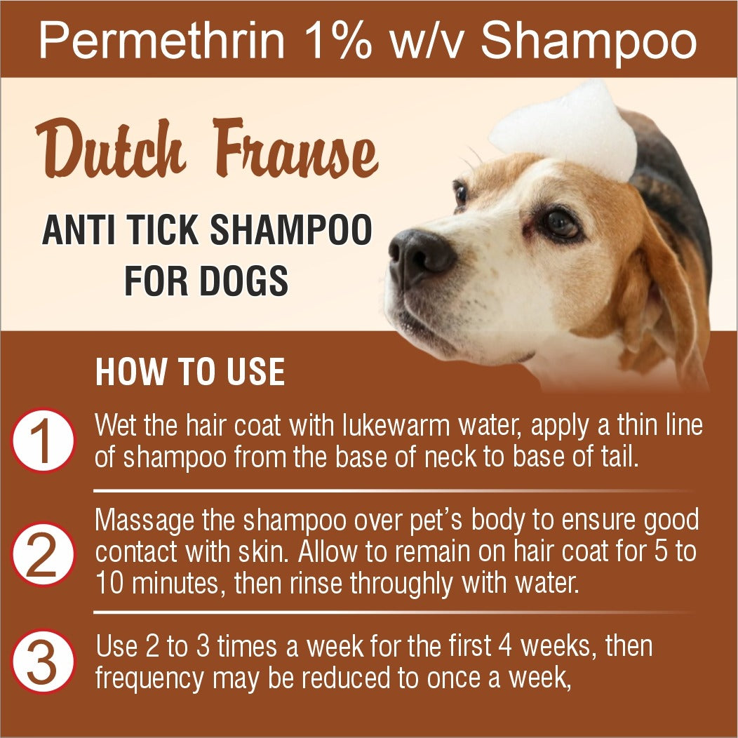 Dutch Franse Permethrin 1% w/v Anti Tick Shampoo for Dogs | Flea, Tick & Lice Control | Gentle Cleansing Formula | 200 ml