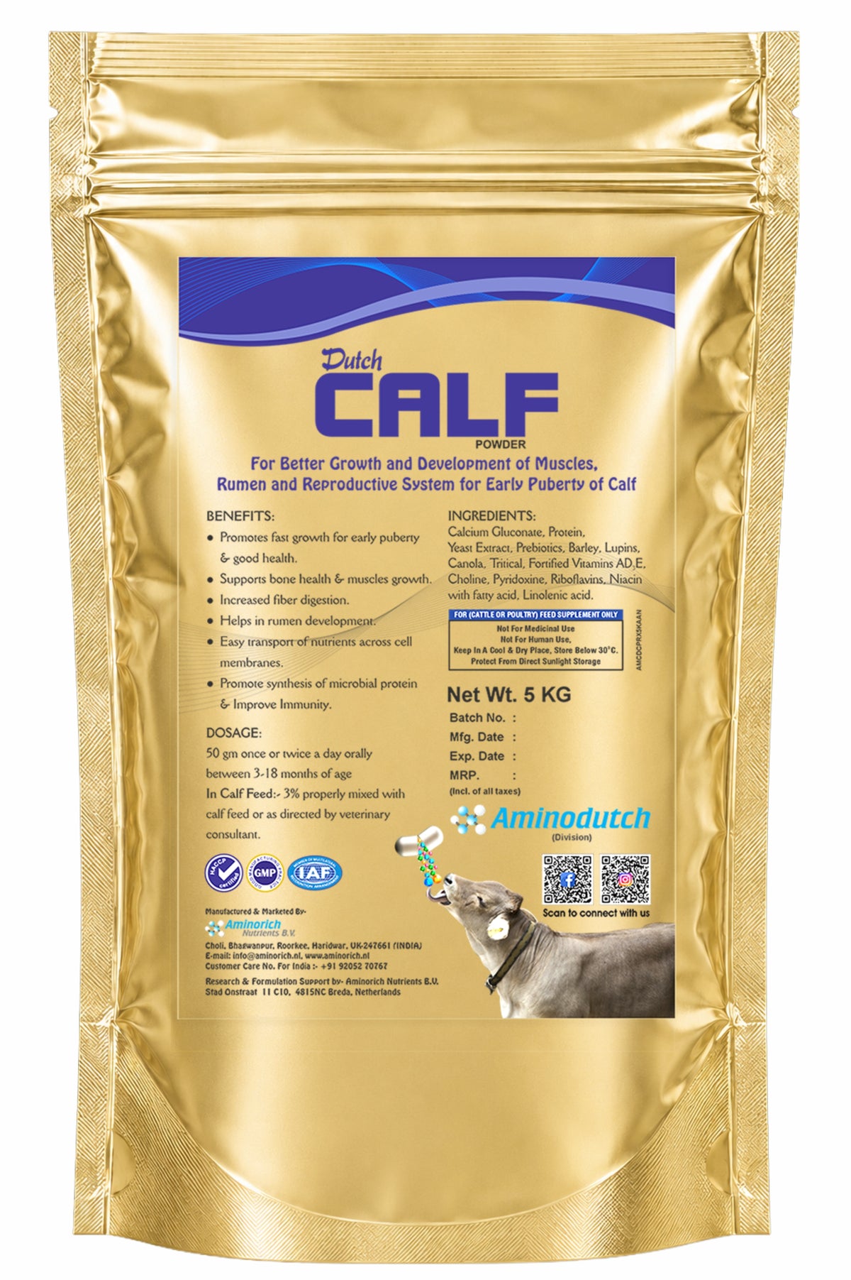 Dutch Calf Powder 5 kg , Calf Feed Supplement with Calcium, Bypass Protein, Yeast Extract, Prebiotics, Vitamins A, D3 & E, Omega 3 & 6 , Supports Growth, Bone & Muscle Development