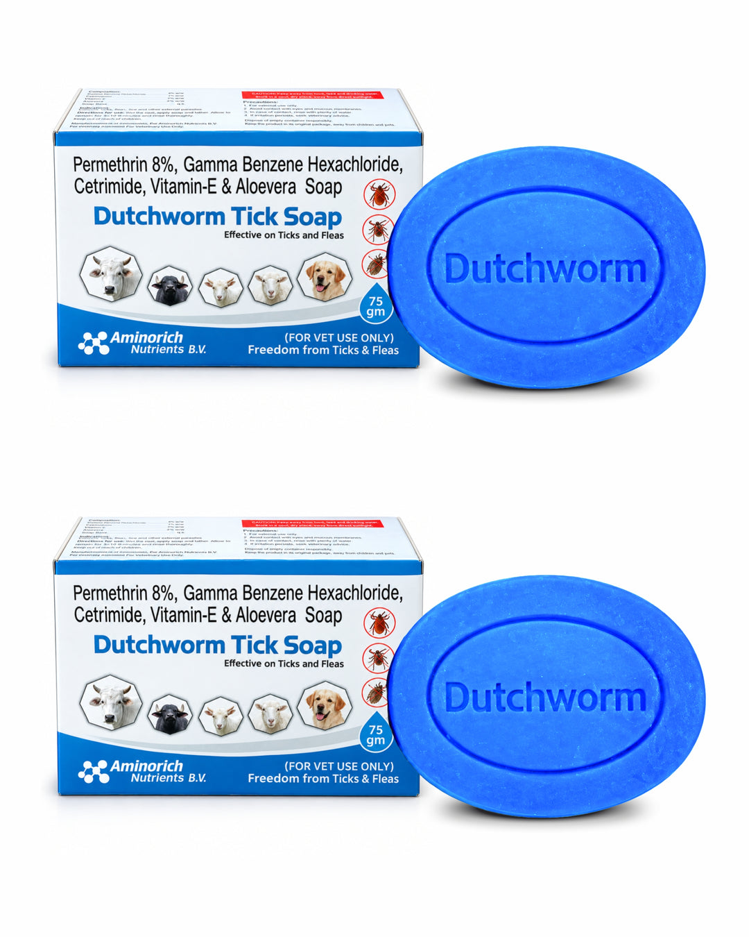 Dutchworm Tick Soap for Dogs & Livestock, Anti Tick & Flea Medicated Soap with Permethrin, Cetrimide, Vitamin E & Aloe Vera, Tick Control & Flea Control Bathing Soap for Animals, 75g Each, Pack of 2