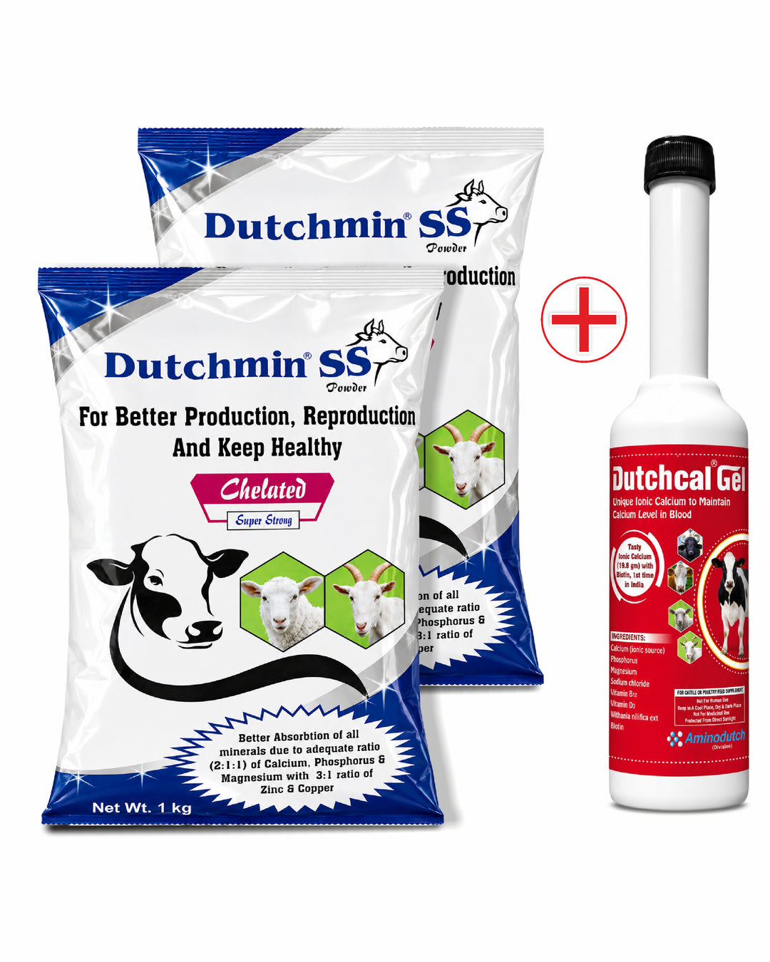 Dutchmin SS Powder for Cattle 1 Kg, Pack of 2 with Dutchcal Gel 300 gm Free, Calcium Mineral Mixture with Vitamins & Chelated Minerals for Dairy Animals
