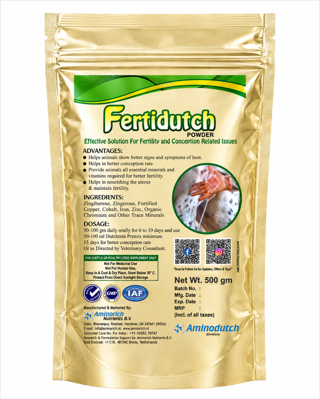 Fertidutch Powder for Cattle, Fertility & Breeding Support Supplement with Zinc, Copper, Cobalt, Iron & Organic Chromium, 500gm