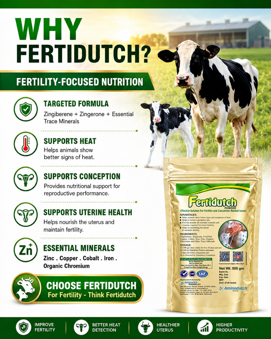 Fertidutch Powder for Cattle, Fertility & Breeding Support Supplement with Zinc, Copper, Cobalt, Iron & Organic Chromium, 500gm