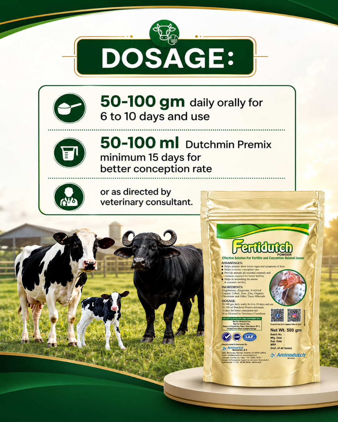 Fertidutch Powder for Cattle, Fertility & Breeding Support Supplement with Zinc, Copper, Cobalt, Iron & Organic Chromium, 500gm
