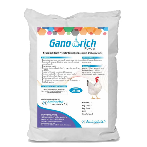 Ganorich Powder – Natural Gut Health Promoter, Oregano & Garlic for Poultry 25 KG