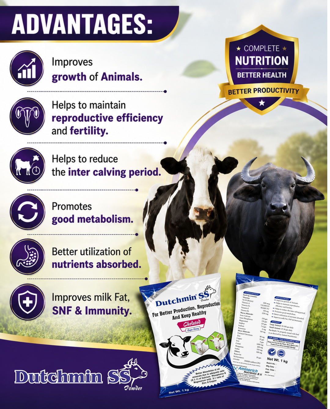 Dutchmin SS Powder 1 Kg | Advanced Chelated Mineral Supplement for Cattle, Buffalo, Goat & Sheep | Supports Production, Reproduction & Overall Health