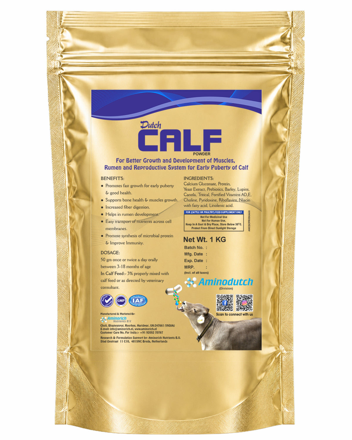 Dutch Calf Powder 1 Kg for Calves , Cattle Feed Supplement for Better Growth & Development , Supports Muscle, Rumen & Reproductive System , Protein, Probiotics, Vitamins & Minerals for Calf Nutrition